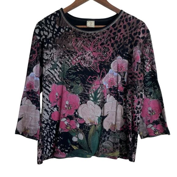 Jess & Jane Women Top Muted Gem‎ Detail Floral Animal Print Cottagecore Boho - Picture 1 of 8